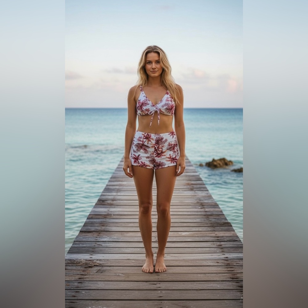 Red and White Tropical Swim Wear Set